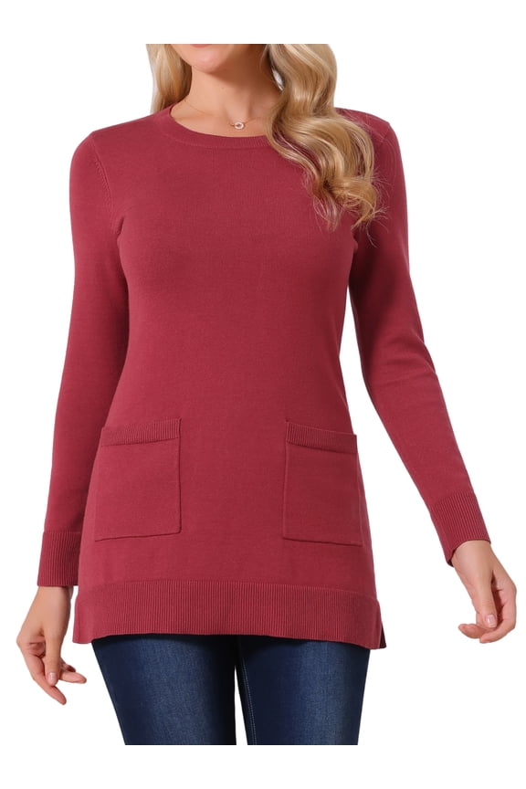 Pullover Sweater Long Sleeve Crewneck Knit Tops L Dark Red