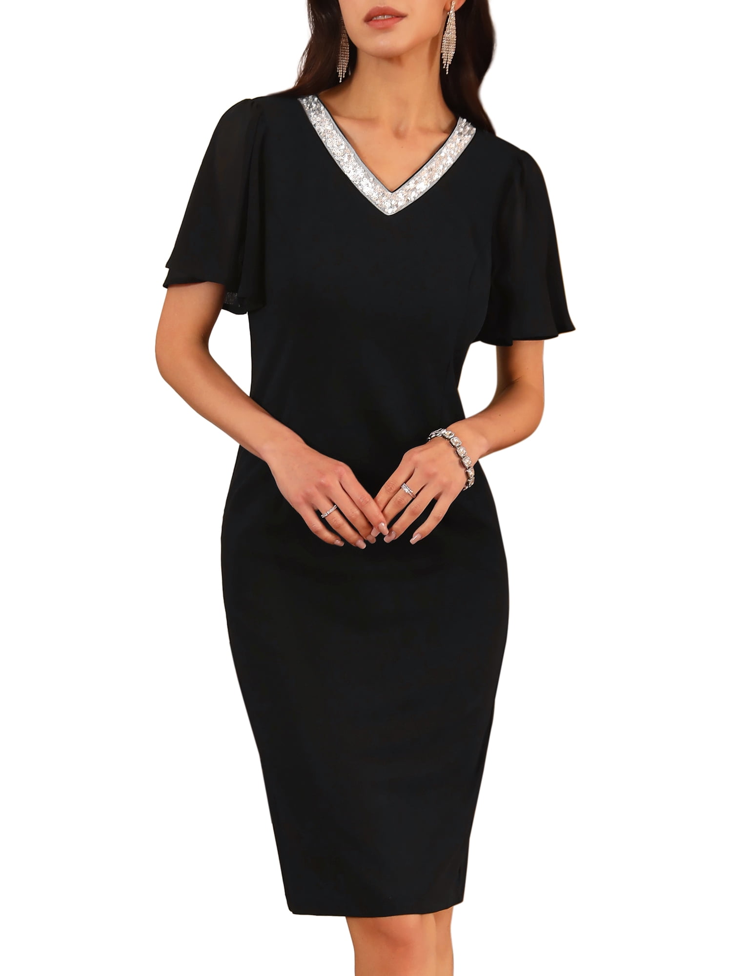 DARING DIVA Rhinestone Sequin Trim V Neck Cocktail Bodycon Dress M Black
