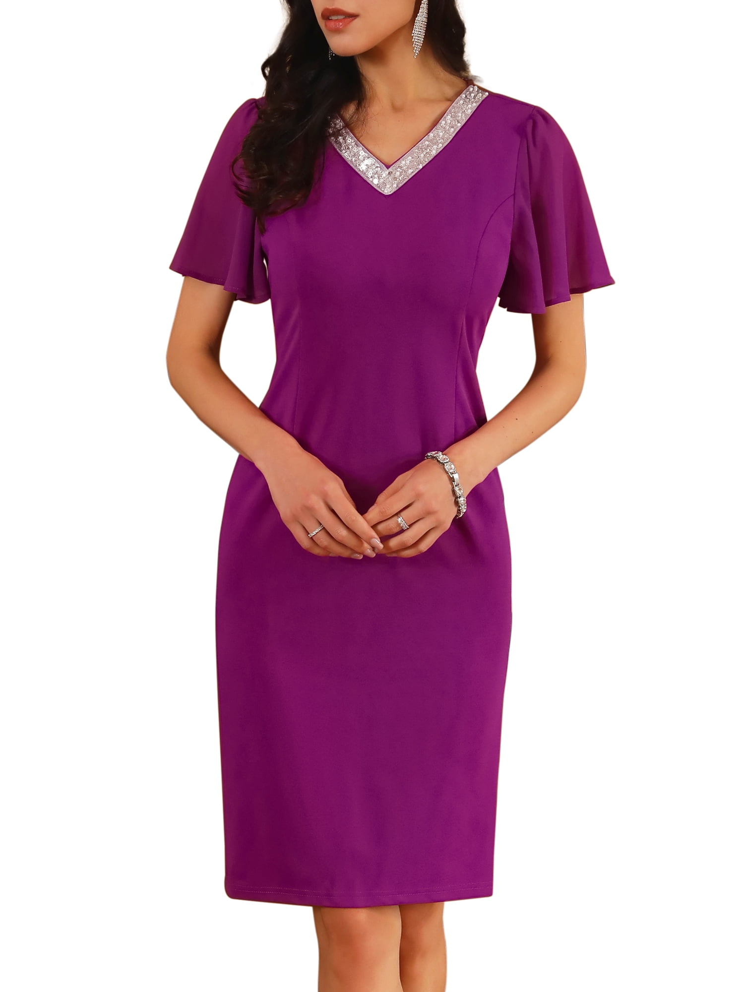 DARING DIVA Rhinestone Sequin Trim V Neck Cocktail Bodycon Dress M Fushcia