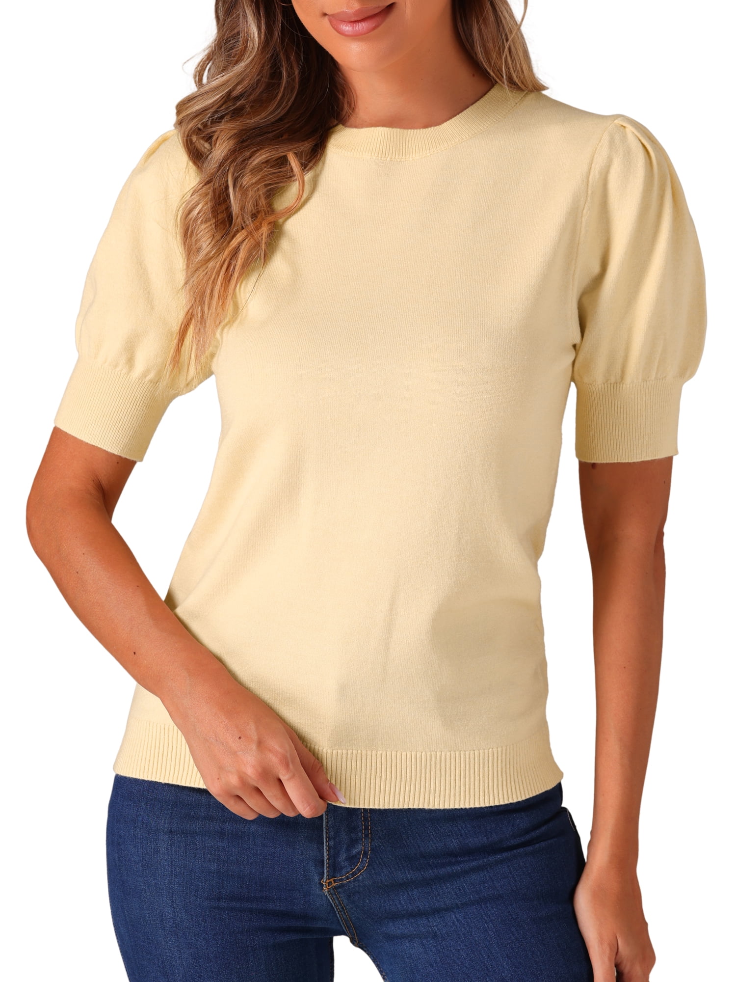 DARING DIVA Ribbed Knit Crew Neck Short Sleeve Tops M Light Beige