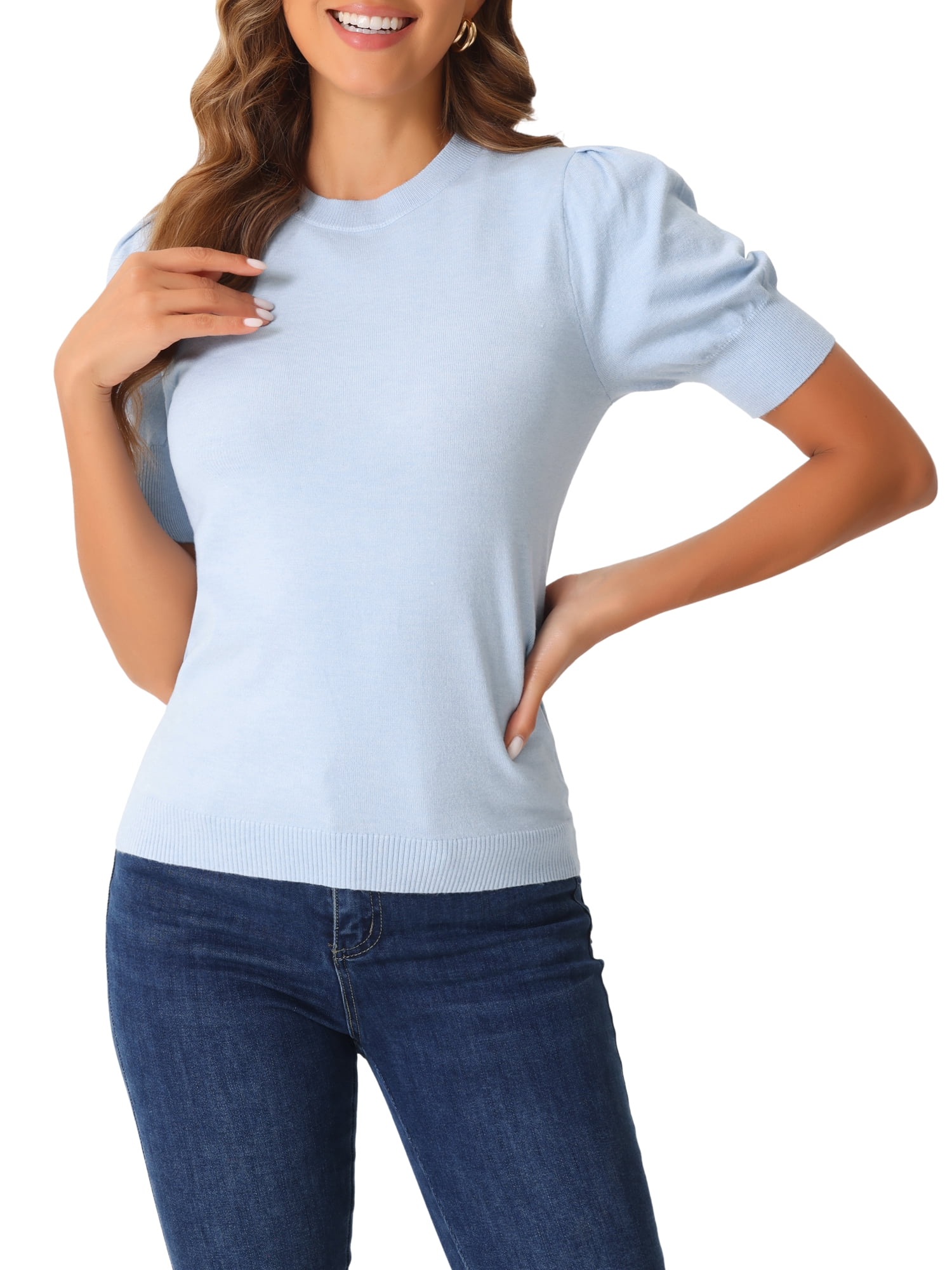 DARING DIVA Ribbed Knit Crew Neck Short Sleeve Tops M Light Blue