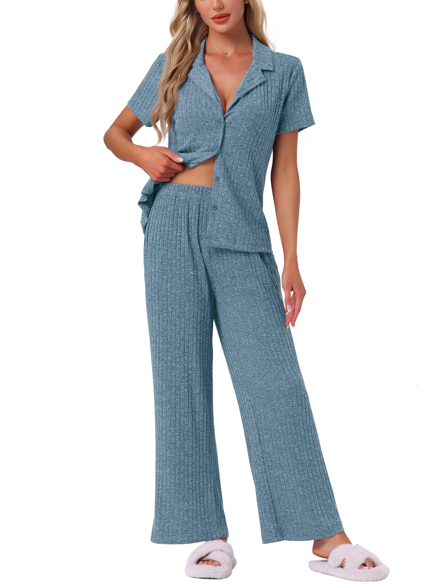 DARING DIVA Ribbed Knit Lounge Set Short Sleeve Wide Pants Button Up 2XL Blue