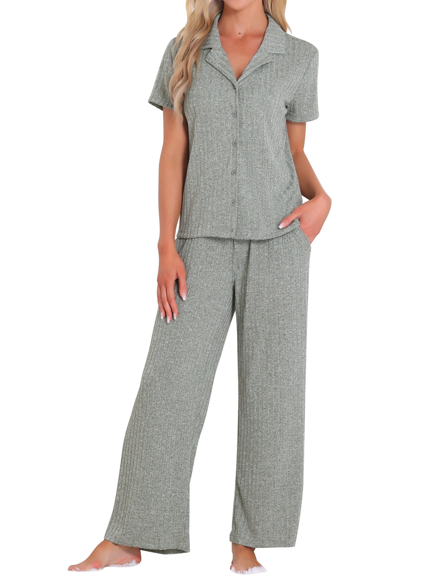 DARING DIVA Ribbed Knit Lounge Set Short Sleeve Wide Pants Button Up 2XL Green