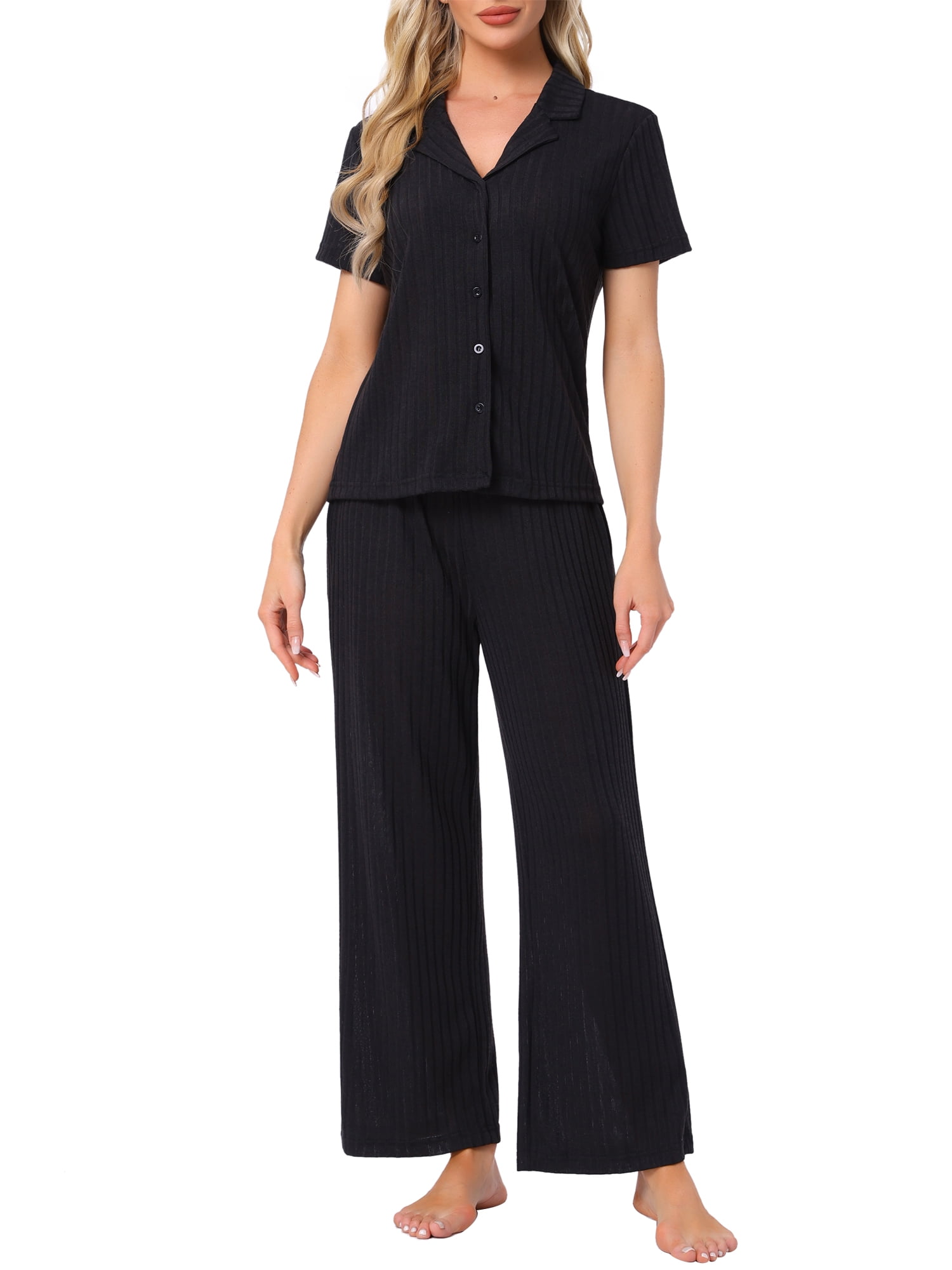 DARING DIVA Ribbed Knit Lounge Set Short Sleeve Wide Pants Button Up S Black