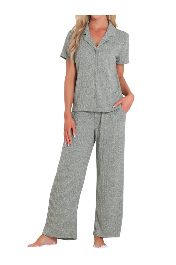 Ribbed Knit Lounge Set Short Sleeve Wide Pants Button Up S Green