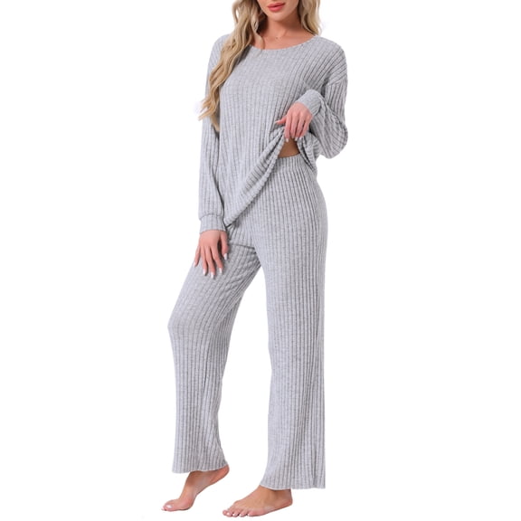 DARING DIVA Ribbed Knit Pajama 2 Piece Long Sleeve Top Pants Sleepwear 2XL Light Grey