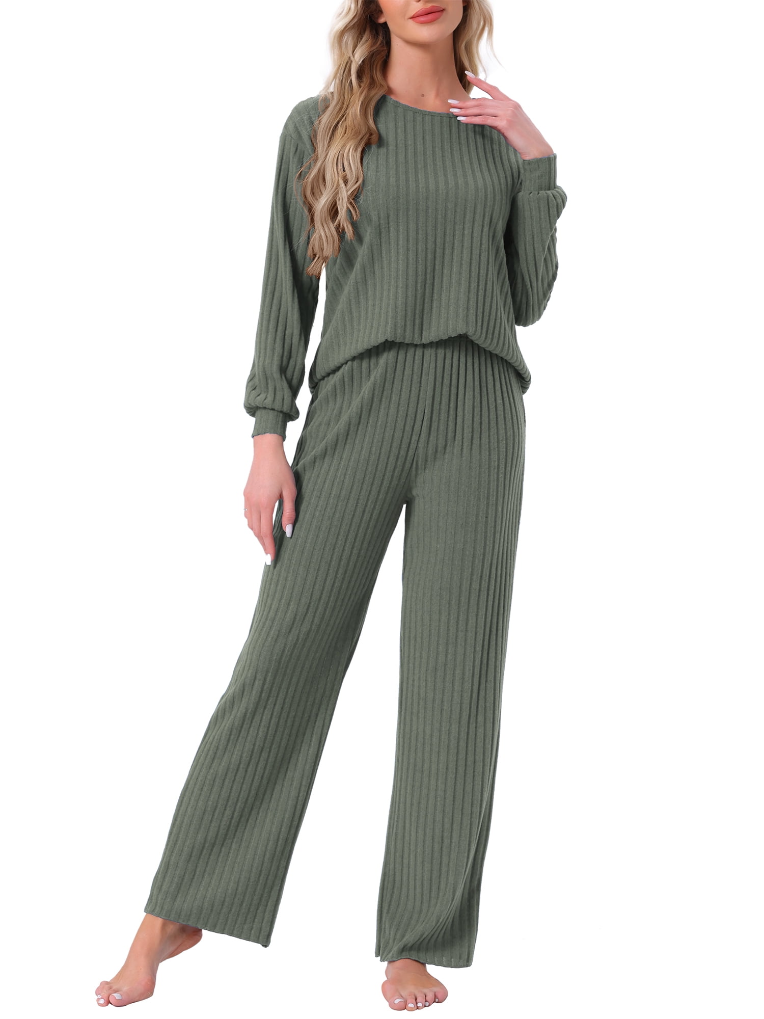 DARING DIVA Ribbed Knit Pajama 2 Piece Long Sleeve Top Pants Sleepwear 2XL Olive Green