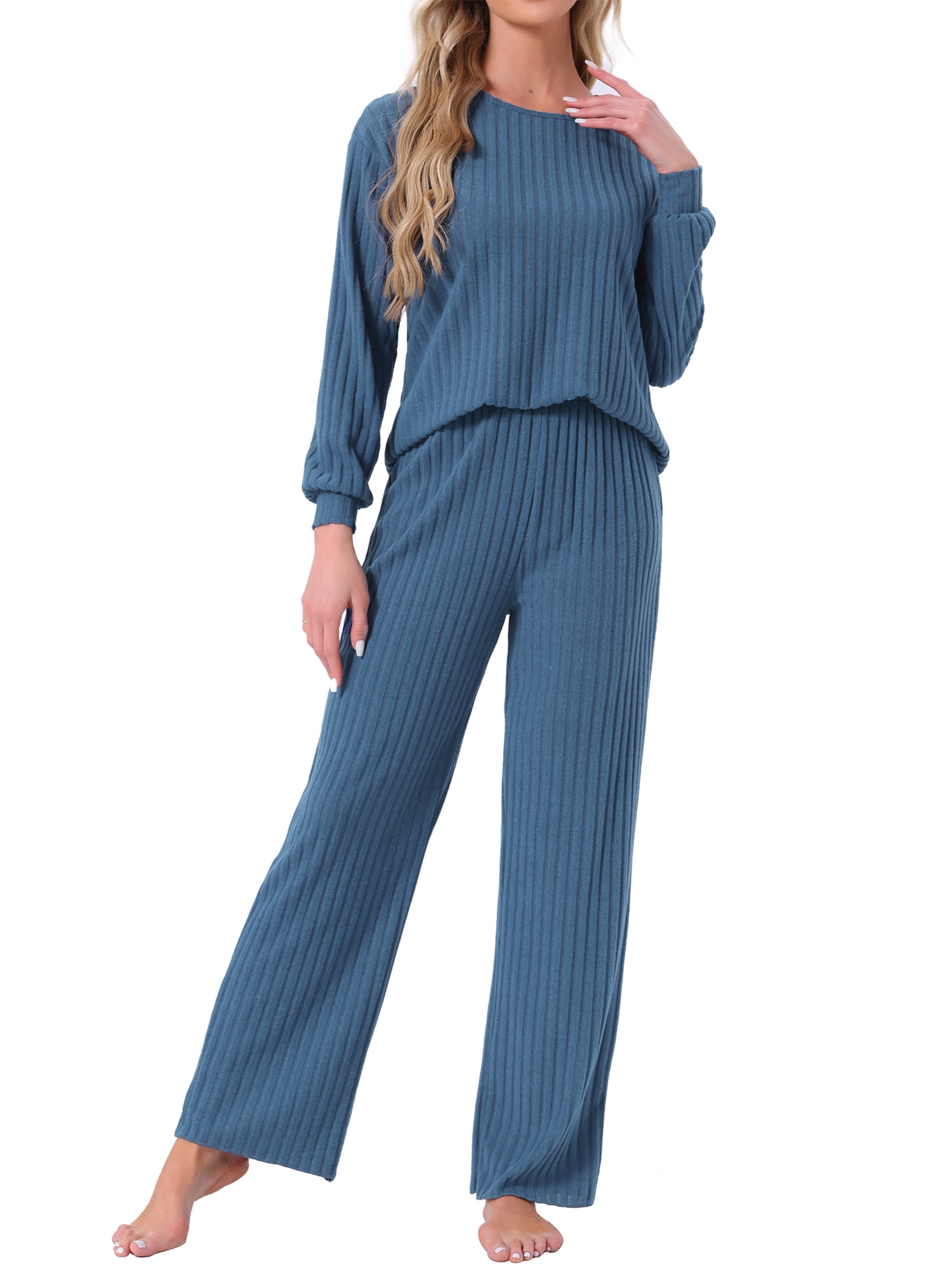 DARING DIVA Ribbed Knit Pajama 2 Piece Long Sleeve Top Pants Sleepwear M Dark Blue