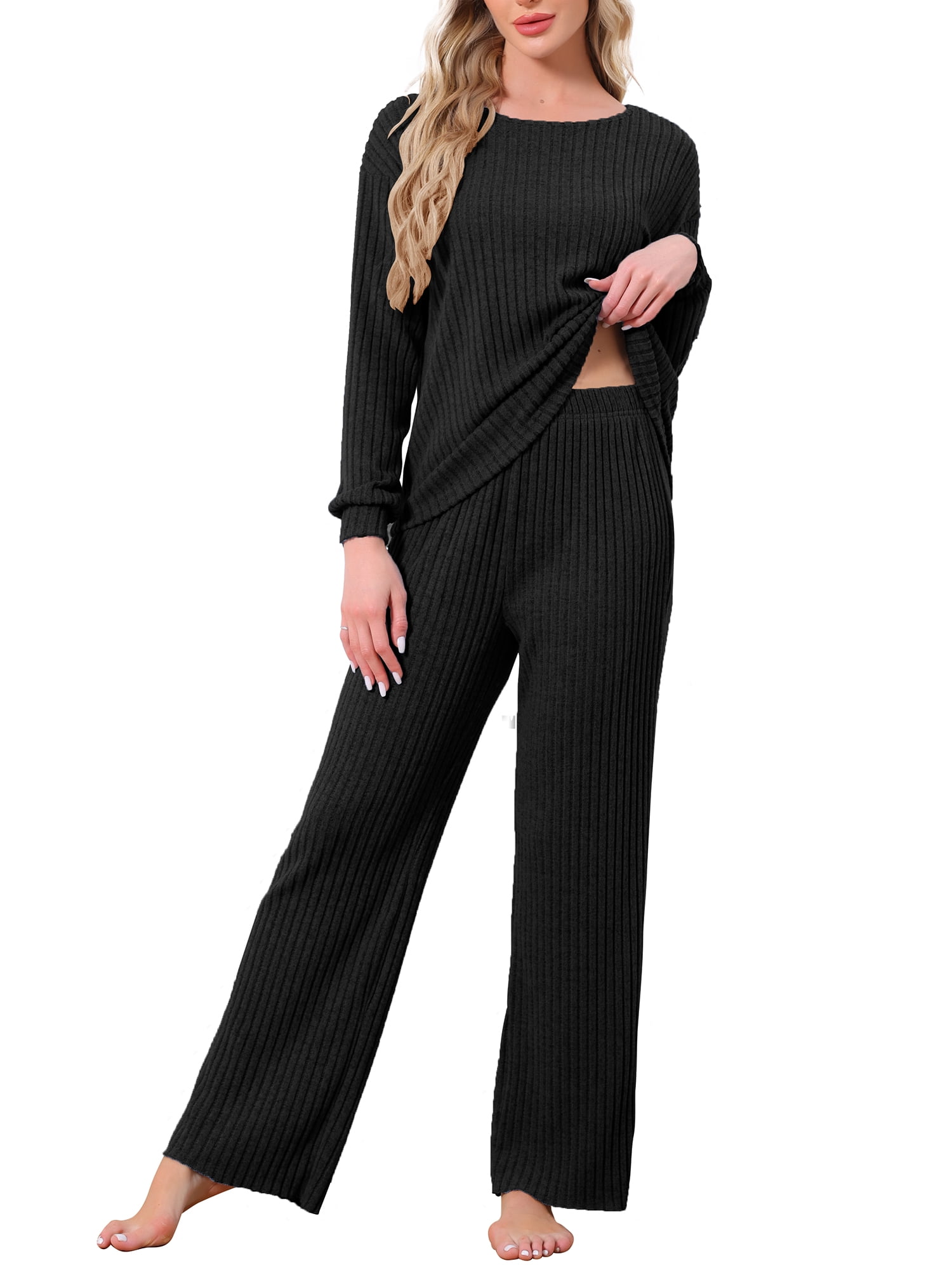 DARING DIVA Ribbed Knit Pajama 2 Piece Long Sleeve Top Pants Sleepwear S Black