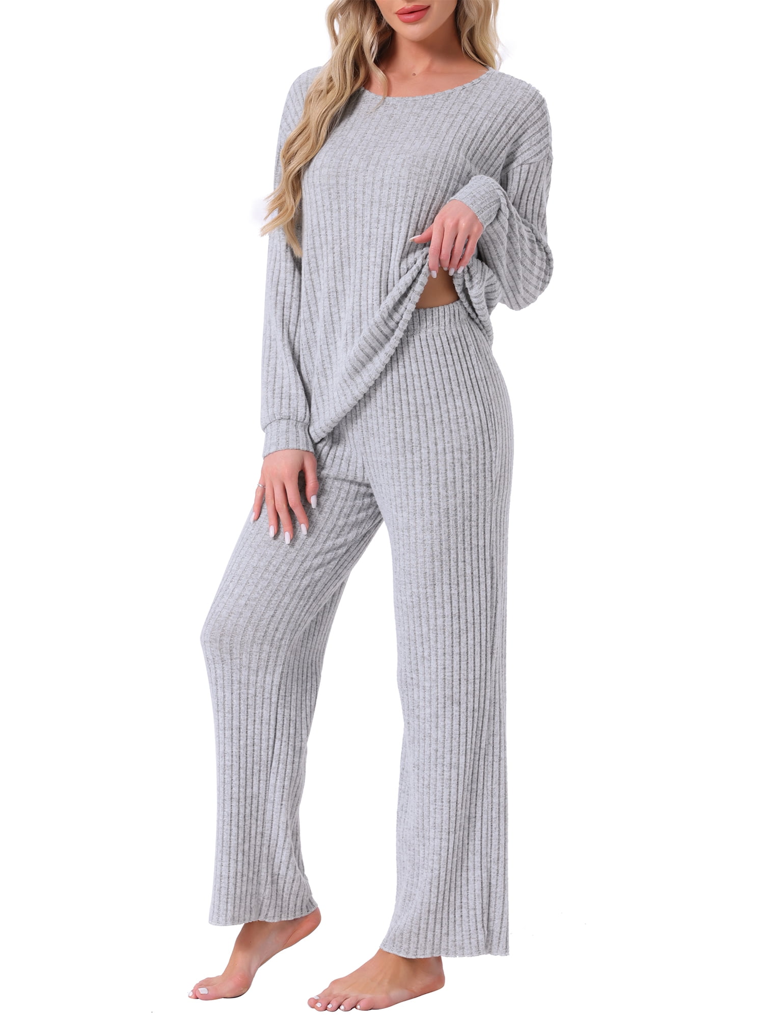 DARING DIVA Ribbed Knit Pajama 2 Piece Long Sleeve Top Pants Sleepwear S Light Grey
