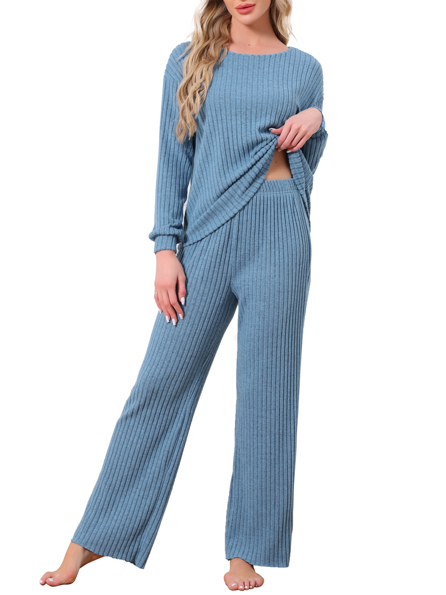 DARING DIVA Ribbed Knit Pajama 2 Piece Long Sleeve Top Pants Sleepwear S Royal Blue