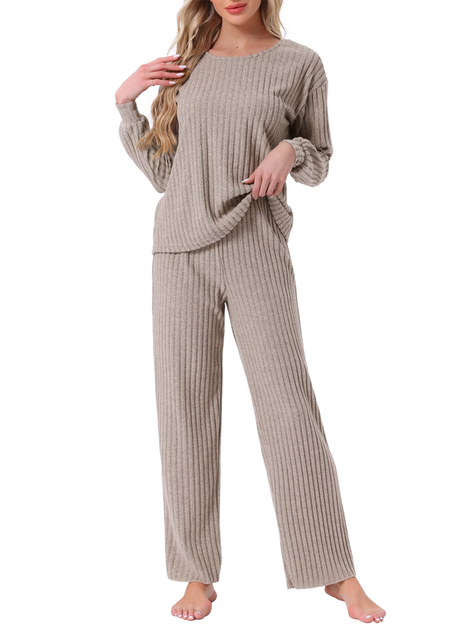 DARING DIVA Ribbed Knit Pajama 2 Piece Long Sleeve Top Pants Sleepwear XL Camel