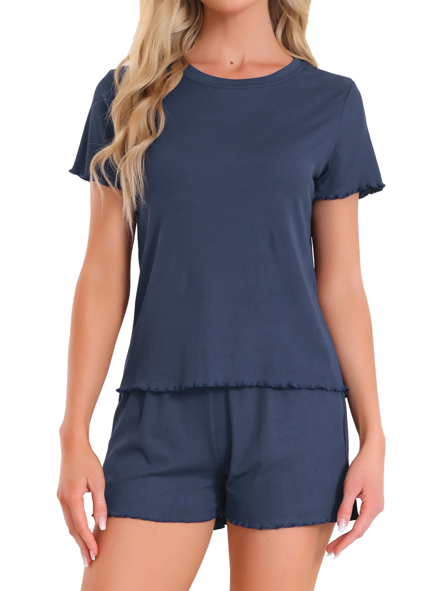 DARING DIVA Ribbed Knit Pajama Set Soft Short Sleeve Top XL Navy