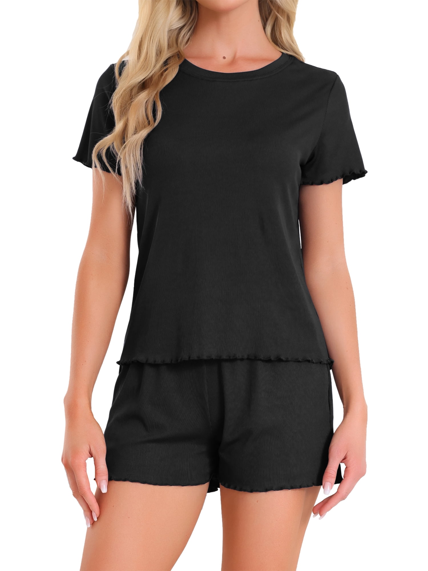 DARING DIVA Ribbed Knit Pajama Set Soft Short Sleeve Top XS Black