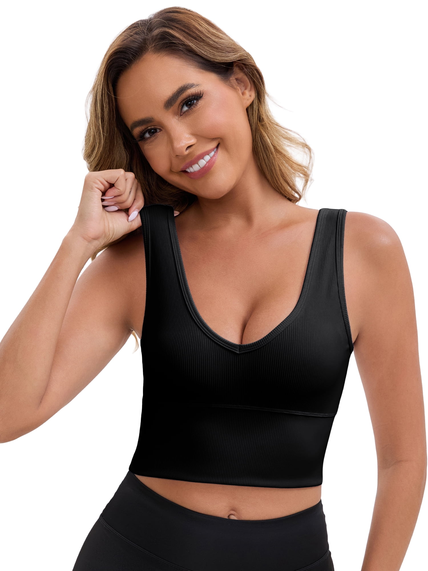 DARING DIVA Ribbed Sports Longline Push Up Crop Wide Strap Bras L Black