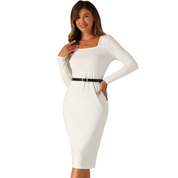 DARING DIVA Ribbed Square Neck Belted Casual Midi Dress XL White