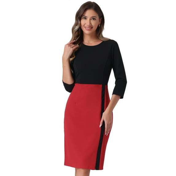 DARING DIVA Round Neck 3/4 Sleeves Contrast Sheath Elegant Pencil Dress L Red