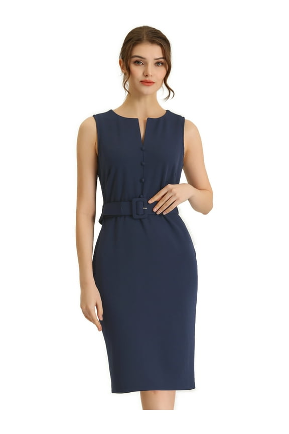 Round Neck Bodycon Sheath Sleeveless Work Dress L Dark Navy
