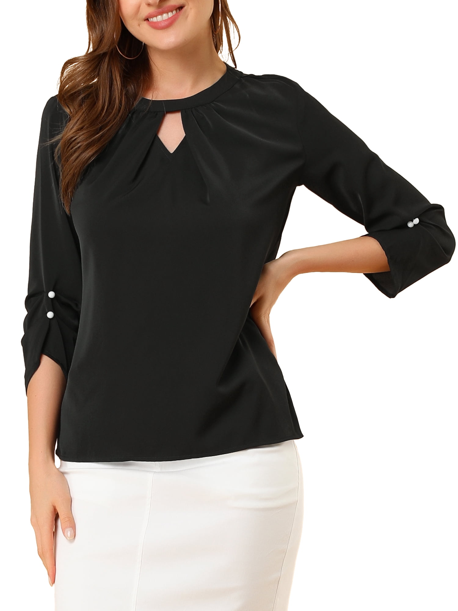DARING DIVA Round Neck Keyhole Pleated Shirred Work Top L Black