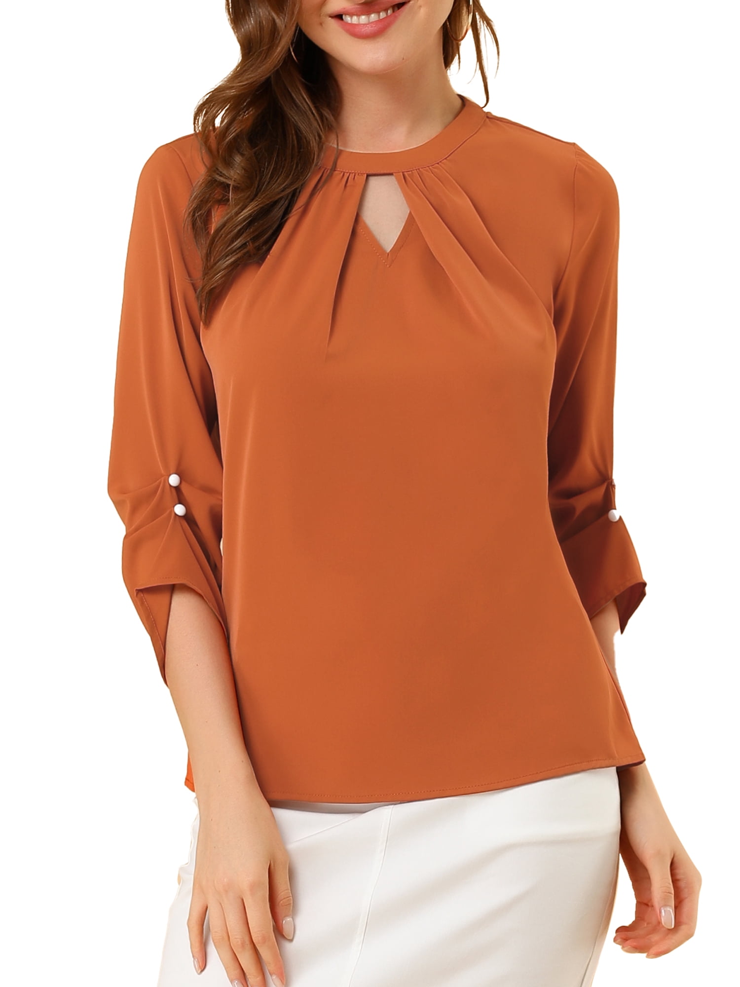 DARING DIVA Round Neck Keyhole Pleated Shirred Work Top L Brown