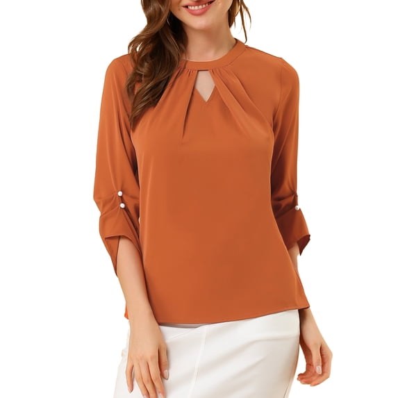 DARING DIVA Round Neck Keyhole Pleated Shirred Work Top L Brown