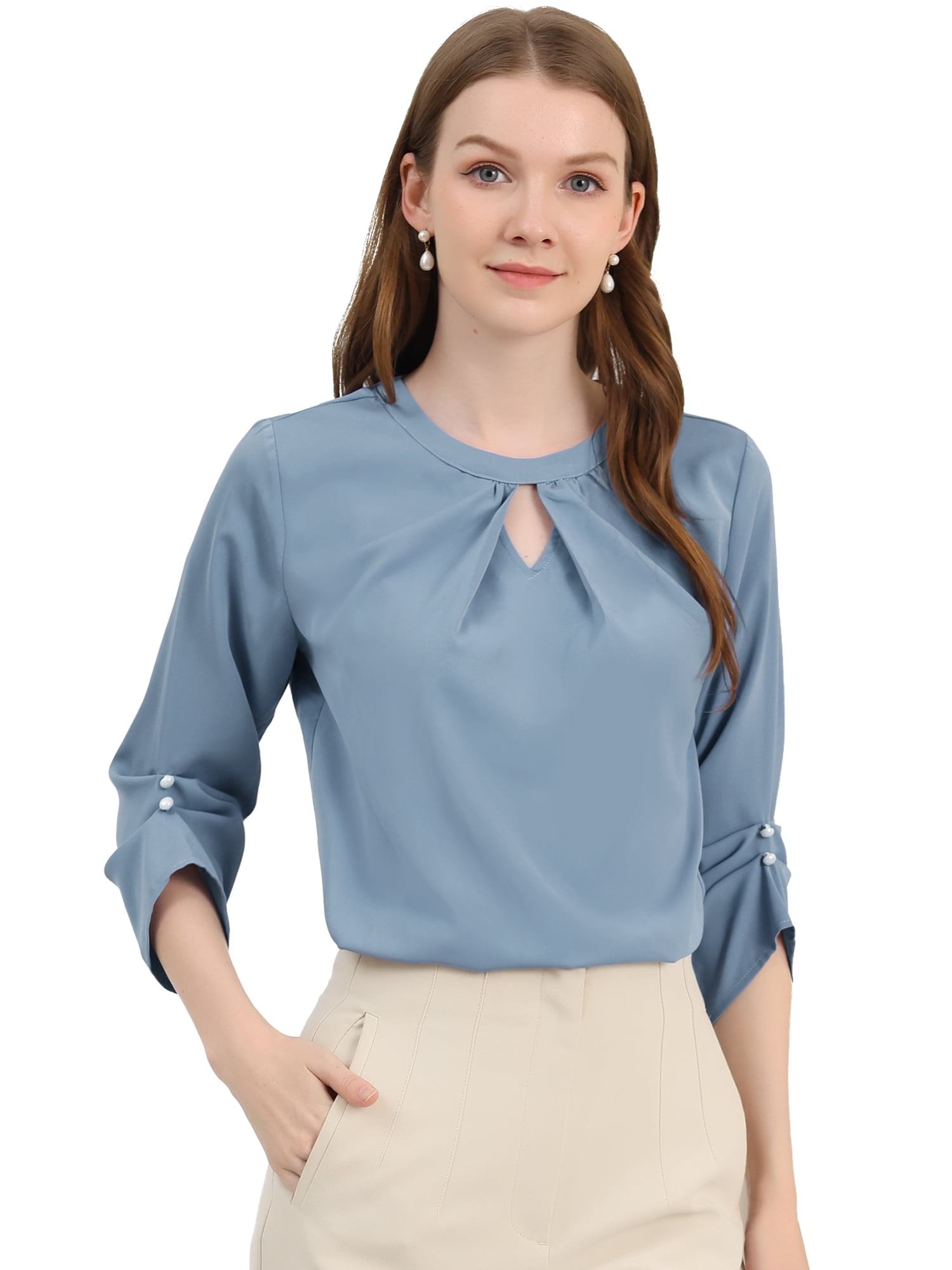 DARING DIVA Round Neck Keyhole Pleated Shirred Work Top L Grey Blue