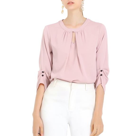 DARING DIVA Round Neck Keyhole Pleated Shirred Work Top L Pink