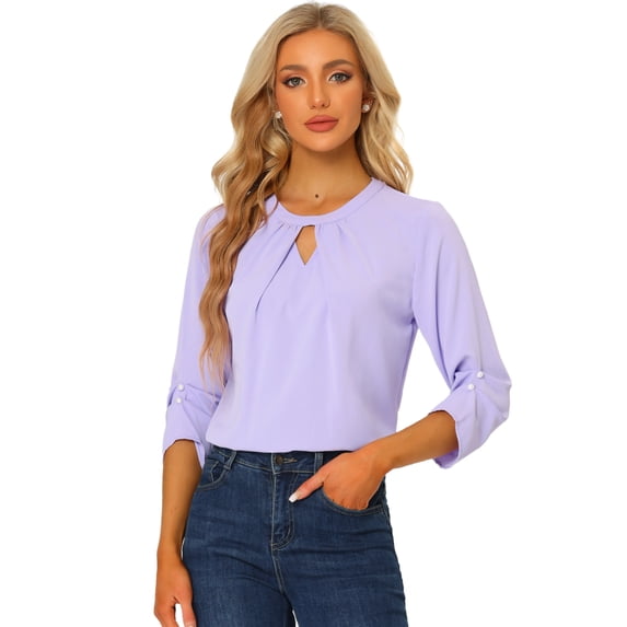 DARING DIVA Round Neck Keyhole Pleated Shirred Work Top L Purple