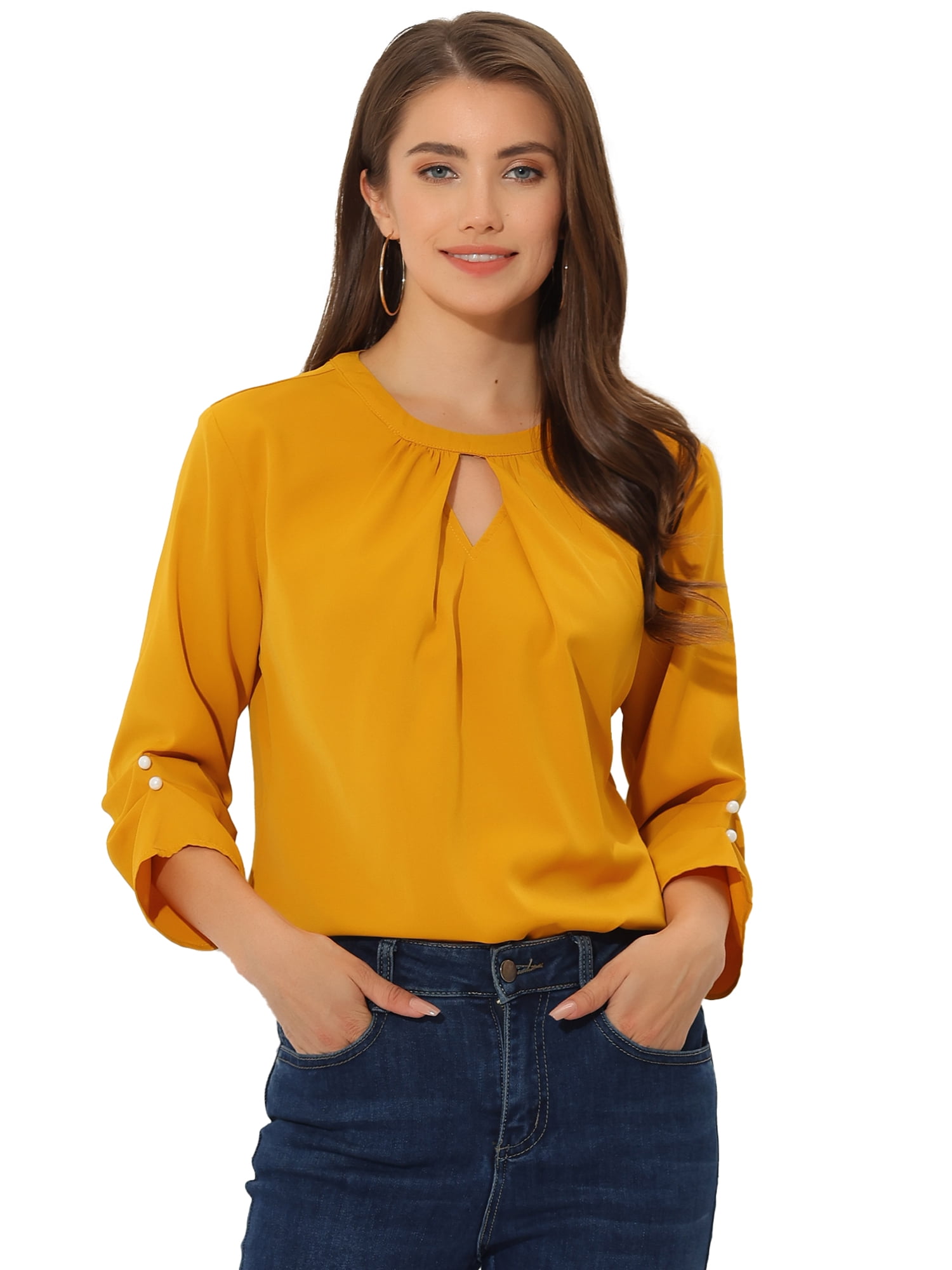 DARING DIVA Round Neck Keyhole Pleated Shirred Work Top M Ginger