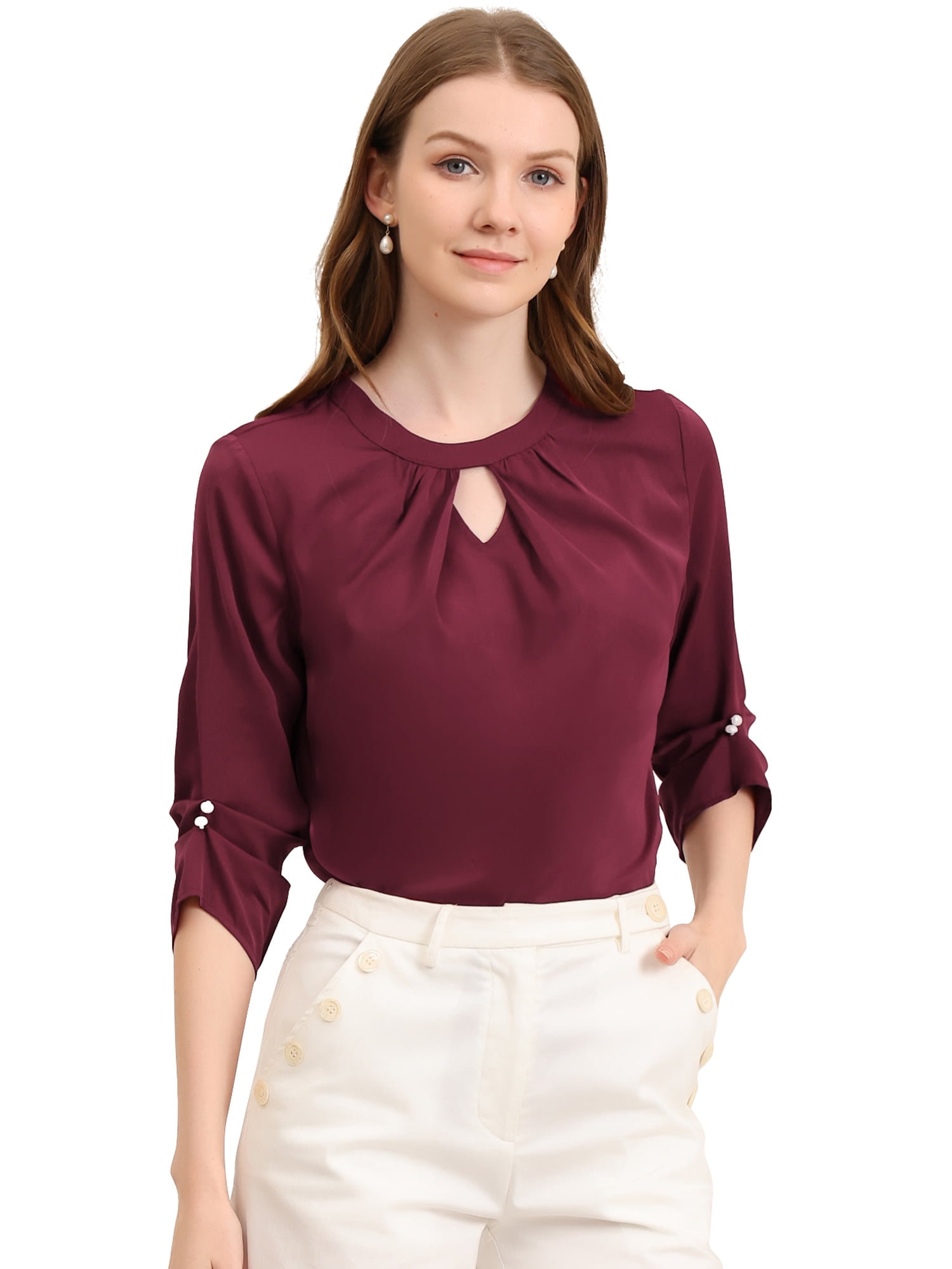 DARING DIVA Round Neck Keyhole Pleated Shirred Work Top M Wine Red