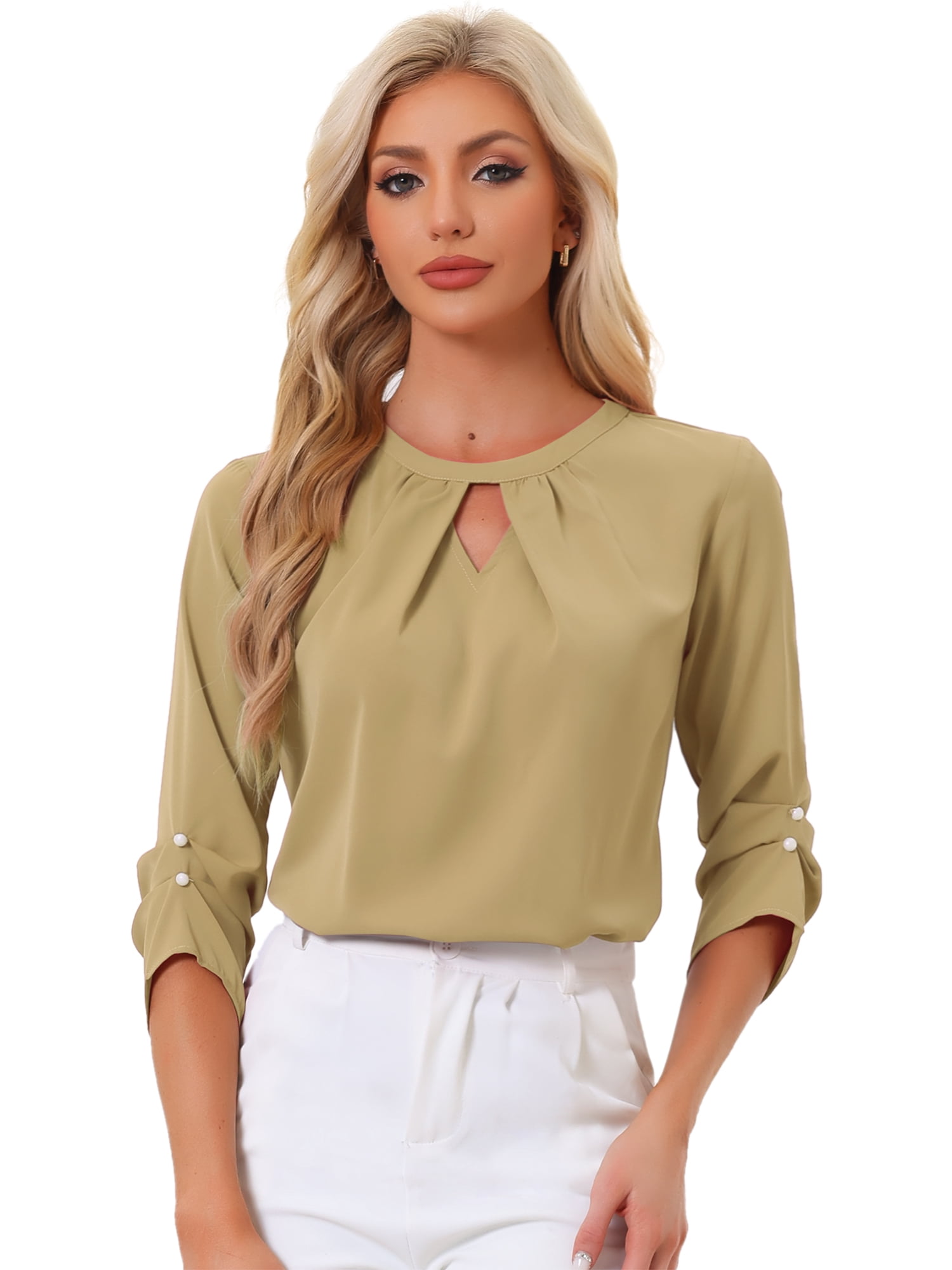 DARING DIVA Round Neck Keyhole Pleated Shirred Work Top S Khaki