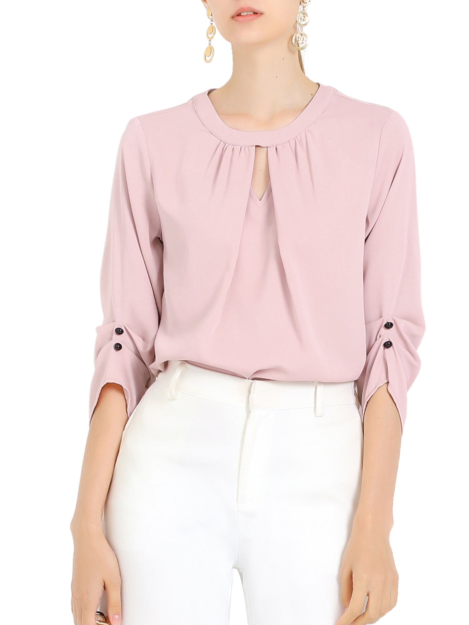 DARING DIVA Round Neck Keyhole Pleated Shirred Work Top S Pink