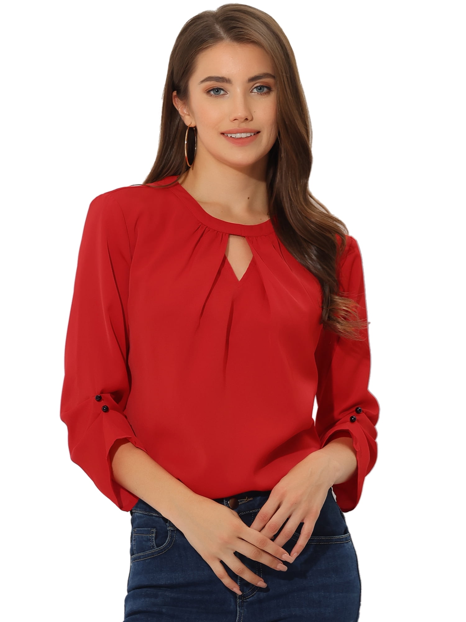 DARING DIVA Round Neck Keyhole Pleated Shirred Work Top S Red