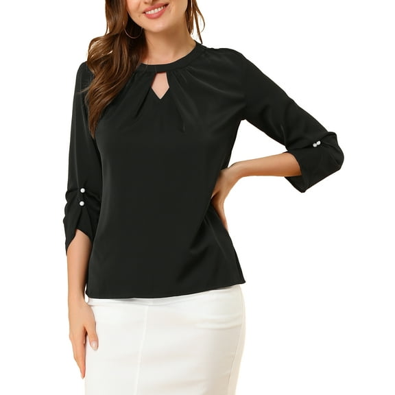 DARING DIVA Round Neck Keyhole Pleated Shirred Work Top XL Black