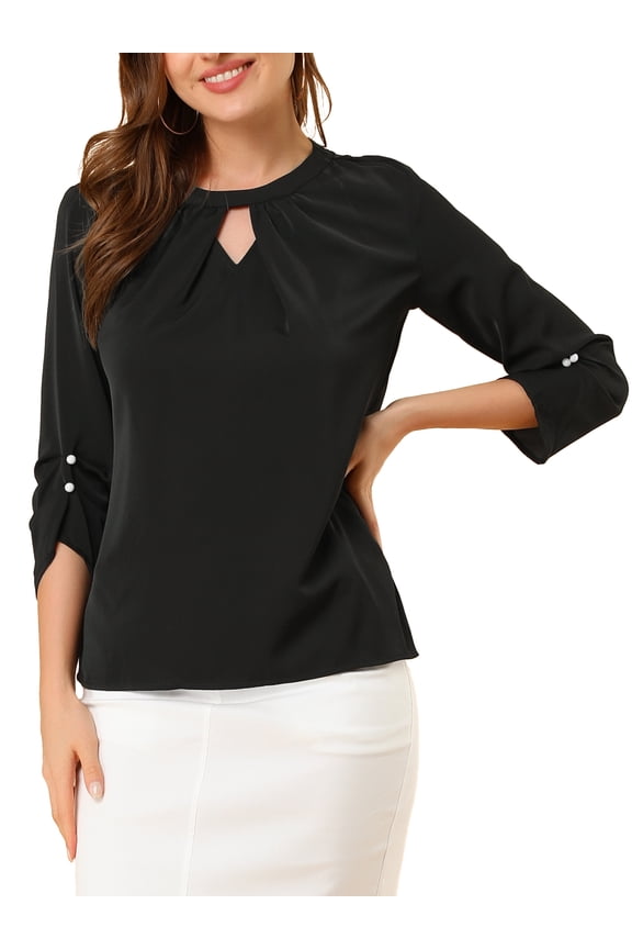 Round Neck Keyhole Pleated Shirred Work Top XL Black