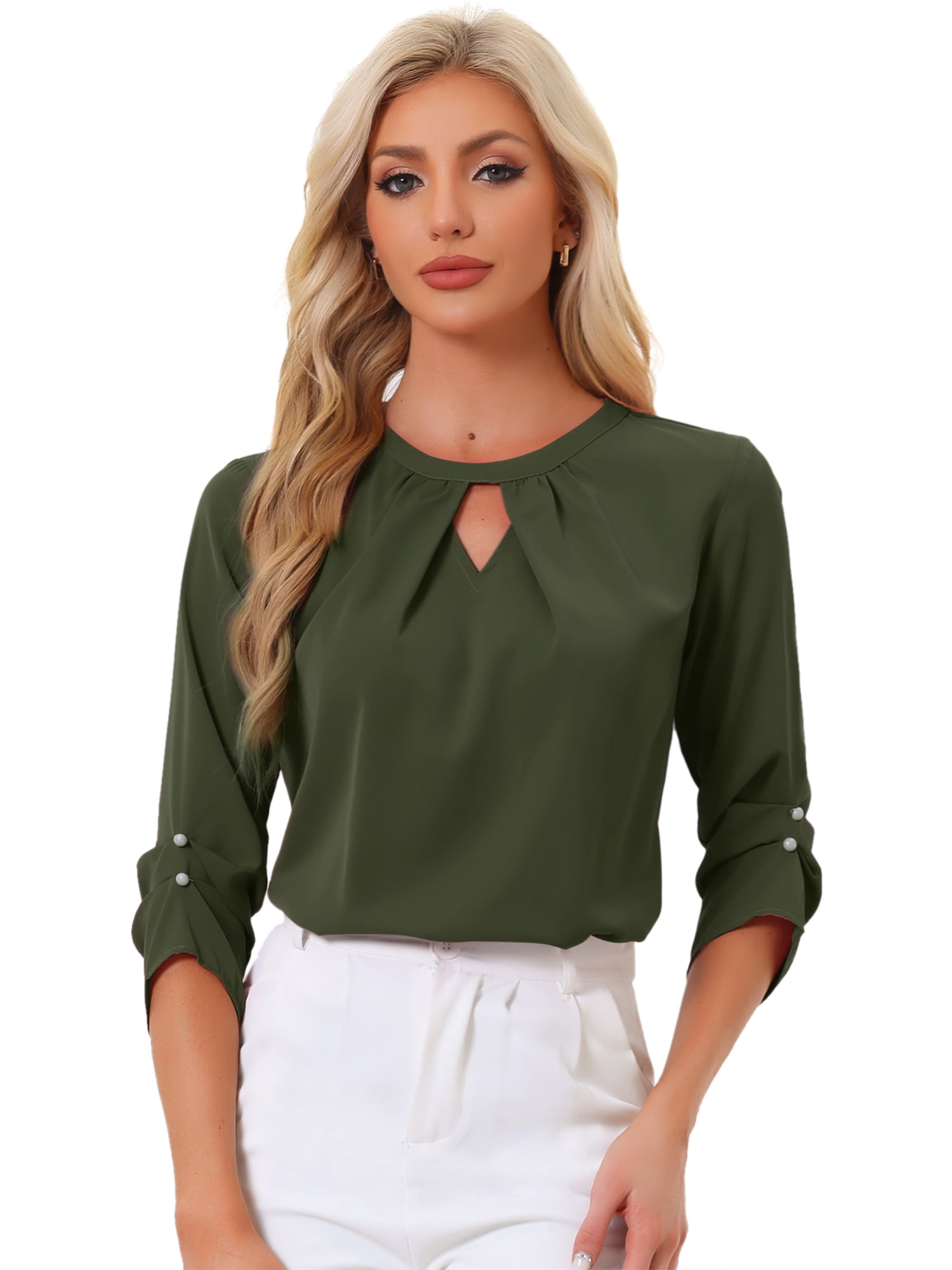DARING DIVA Round Neck Keyhole Pleated Shirred Work Top XS Army Green