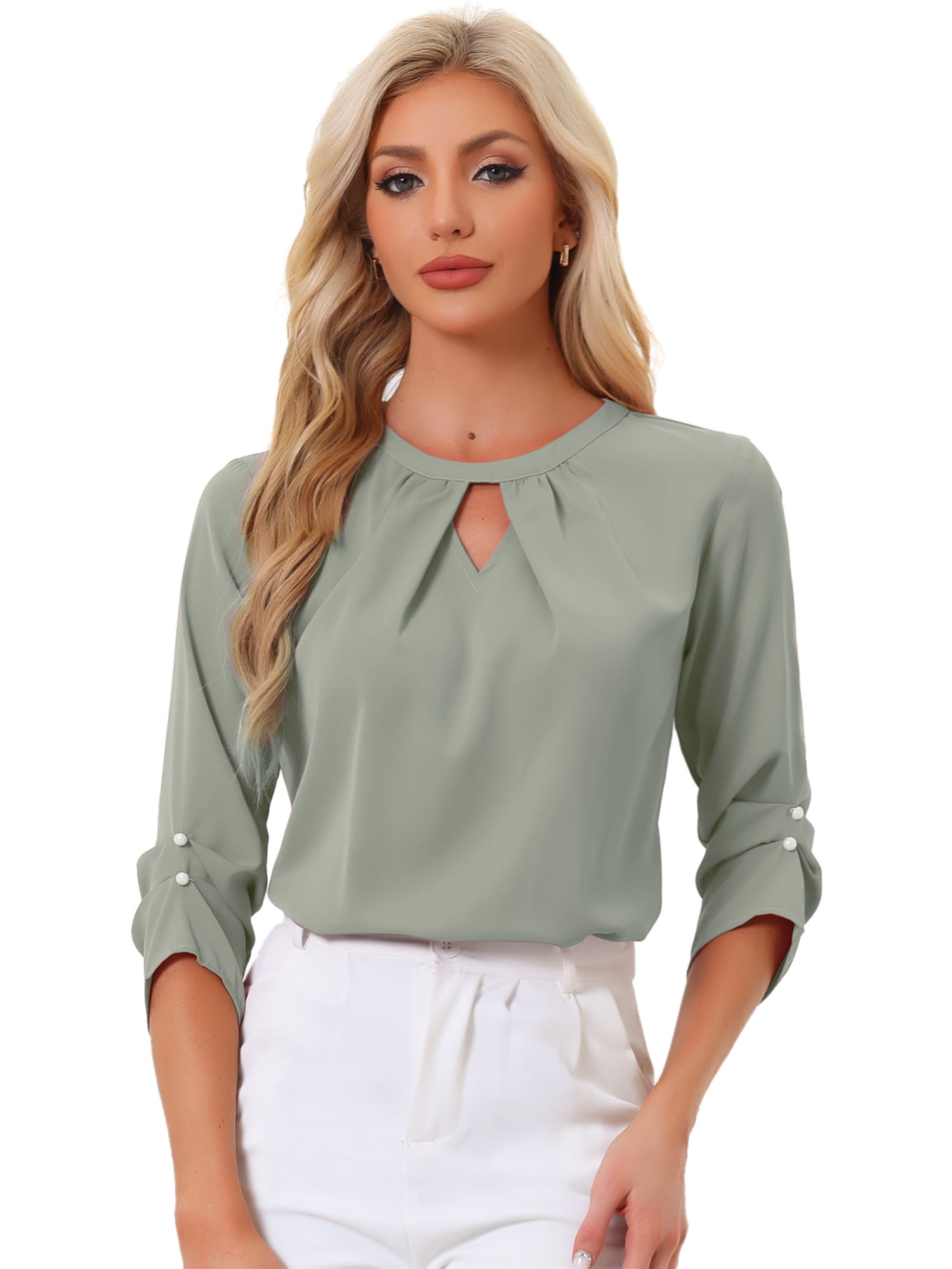 DARING DIVA Round Neck Keyhole Pleated Shirred Work Top XS Gray