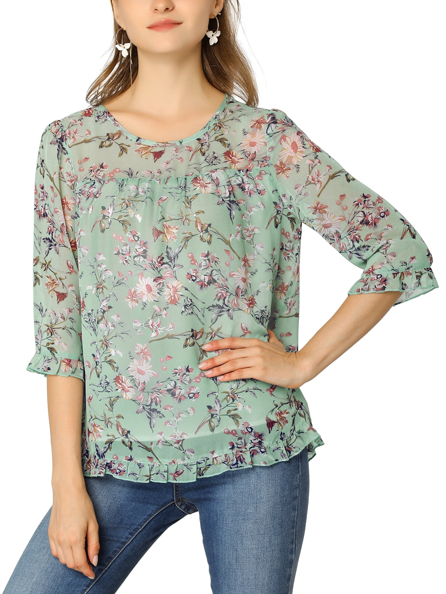 Round Neck With Ruffles DARING DIVA Round Neck Ruffle Hem Floral Blouse Top M Green - Walmart.com