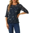 thumbnail image 1 of DARING DIVA Round Neck Ruffle Hem Floral Blouse Top M Navy Blue, 1 of 7