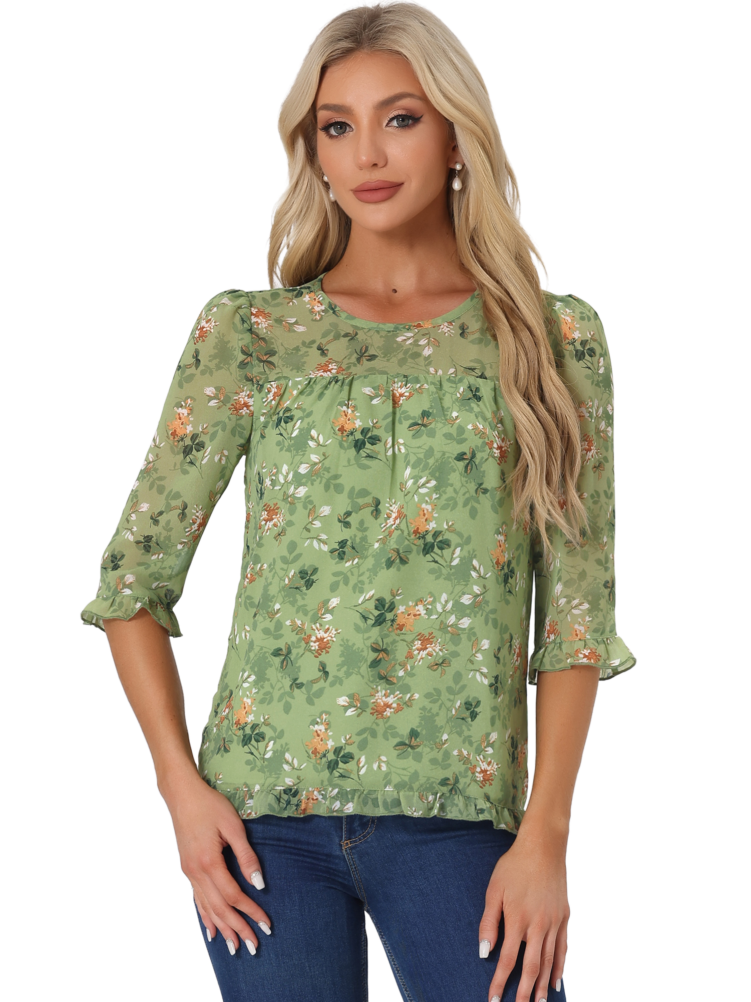 Round Neck With Ruffles DARING DIVA Round Neck Ruffle Hem Floral Blouse Top XL Green White ...