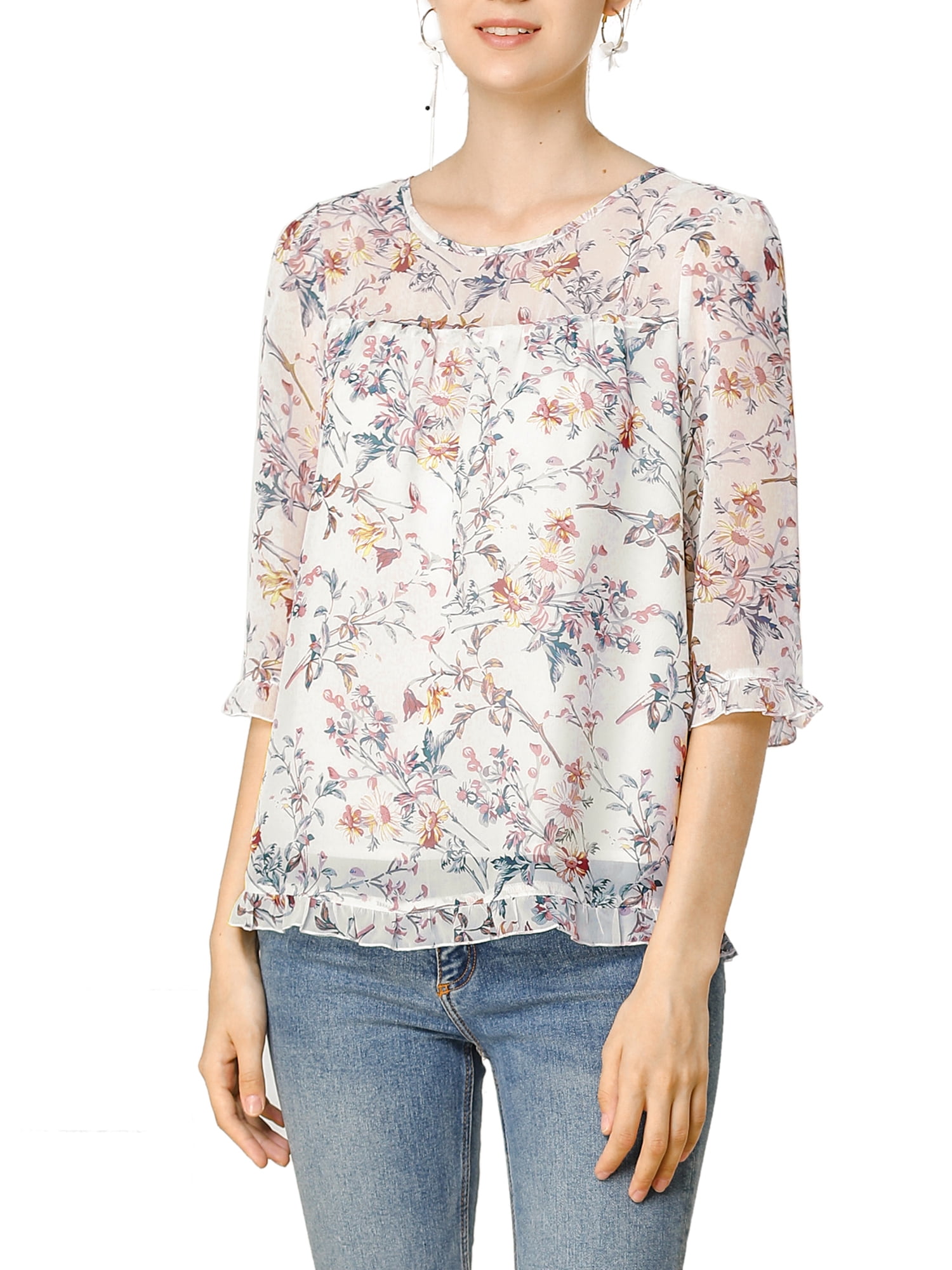 Round Neck With Ruffles DARING DIVA Round Neck Ruffle Hem Floral Blouse Top XL White - Walmart.com