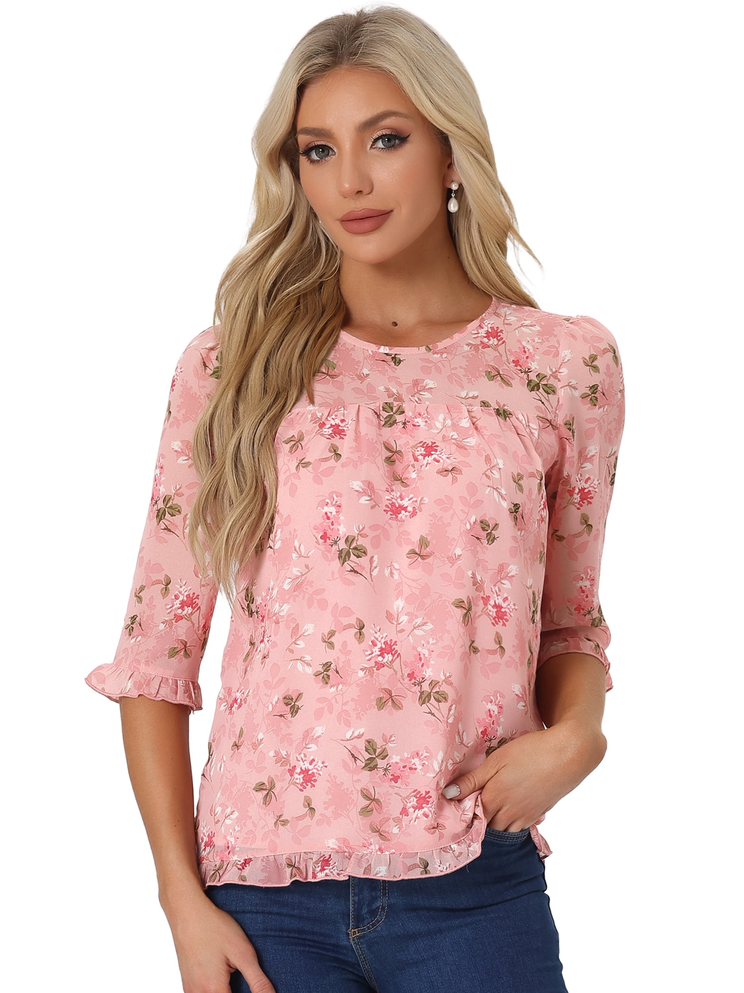 Pink Cotton Flax Round Neck Loose Fit Blouson Top