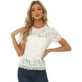 thumbnail image 1 of DARING DIVA Round Neck Scalloped Trim Floral Lace Top L Cream White, 1 of 6