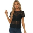 thumbnail image 1 of DARING DIVA Round Neck Scalloped Trim Floral Lace Top XS Blacks, 1 of 6