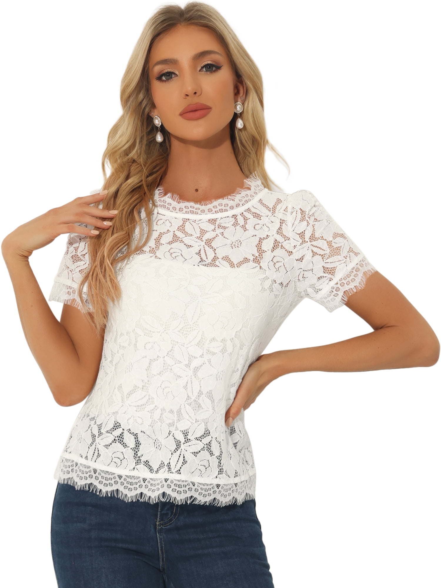 DARING DIVA Round Neck Scalloped Trim Floral Lace Top XS Cream White