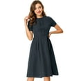 thumbnail image 1 of DARING DIVA Round Neck Short Sleeve Pleated Midi Blouse L Navy Blue, 1 of 6