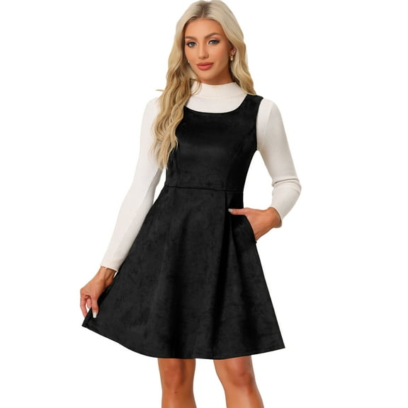 DARING DIVA Round Neck Sleeveless A-Line Pleated Faux Suede Overall Dress S Black