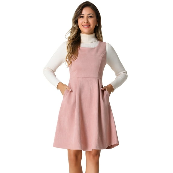 DARING DIVA Round Neck Sleeveless A-Line Pleated Faux Suede Overall Dress S Pink