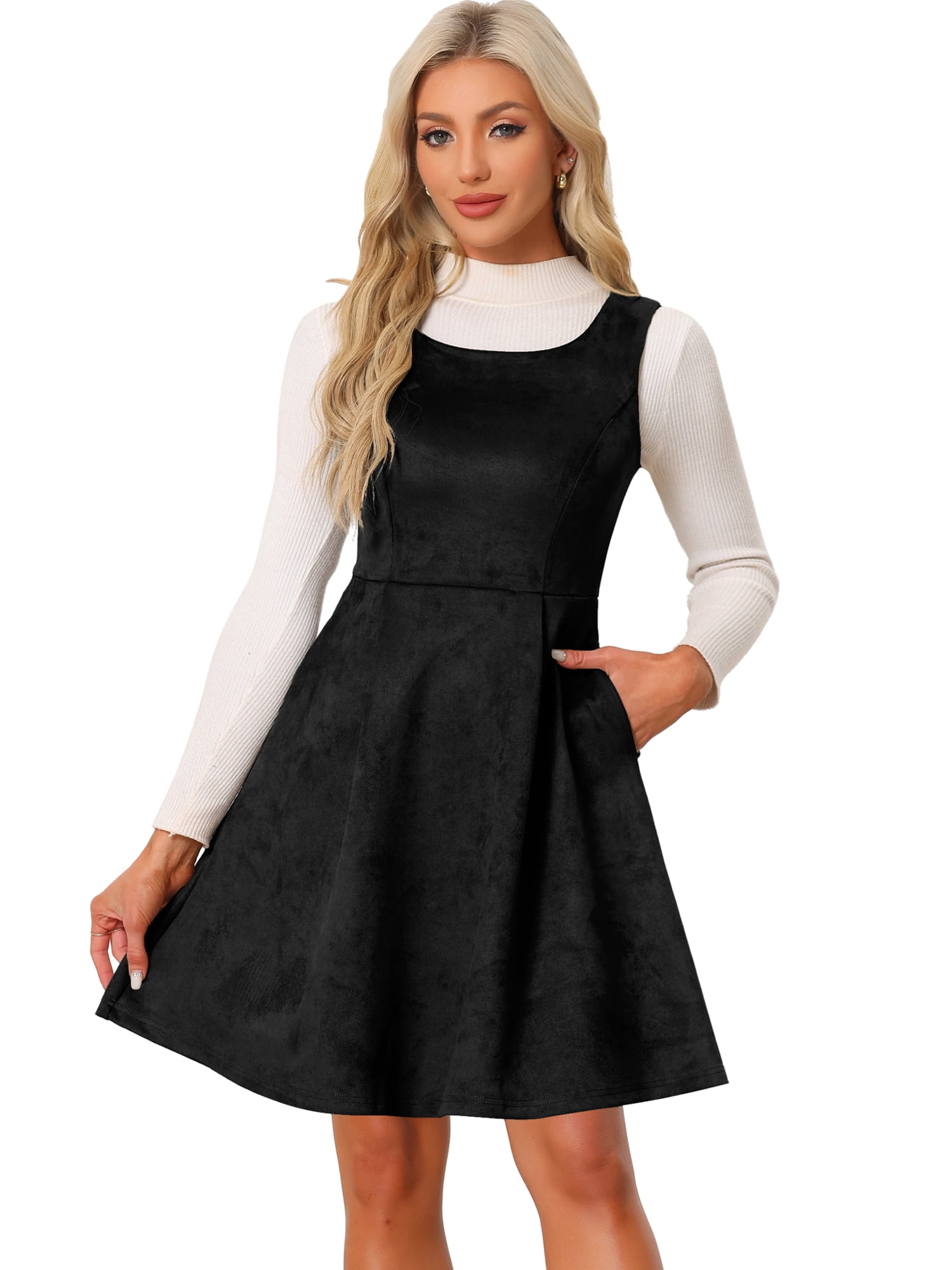 DARING DIVA Round Neck Sleeveless A-Line Pleated Faux Suede Overall Dress XL Black
