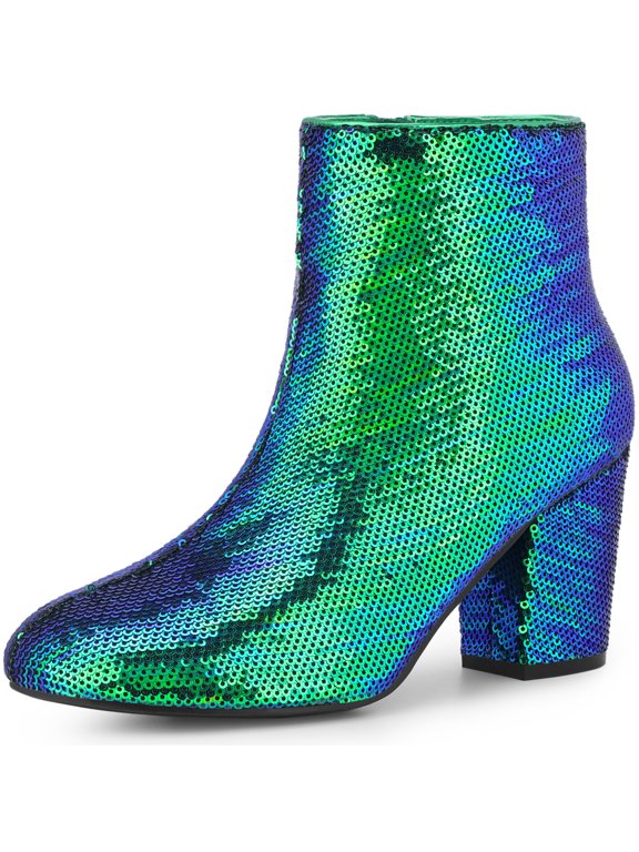 Round Toe Block Heels Sequin Ankle Boots Green 10